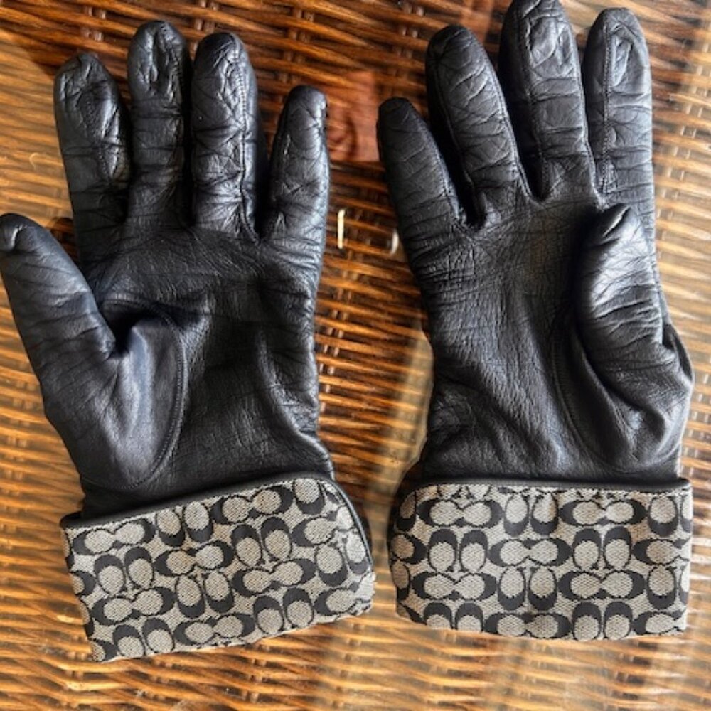 Buttersoft Black Leather COACH Gloves w/Signature Fabric Cuffs ~ size Medium - Picture 2 of 3